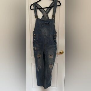 Denim Overalls with Distressed Details